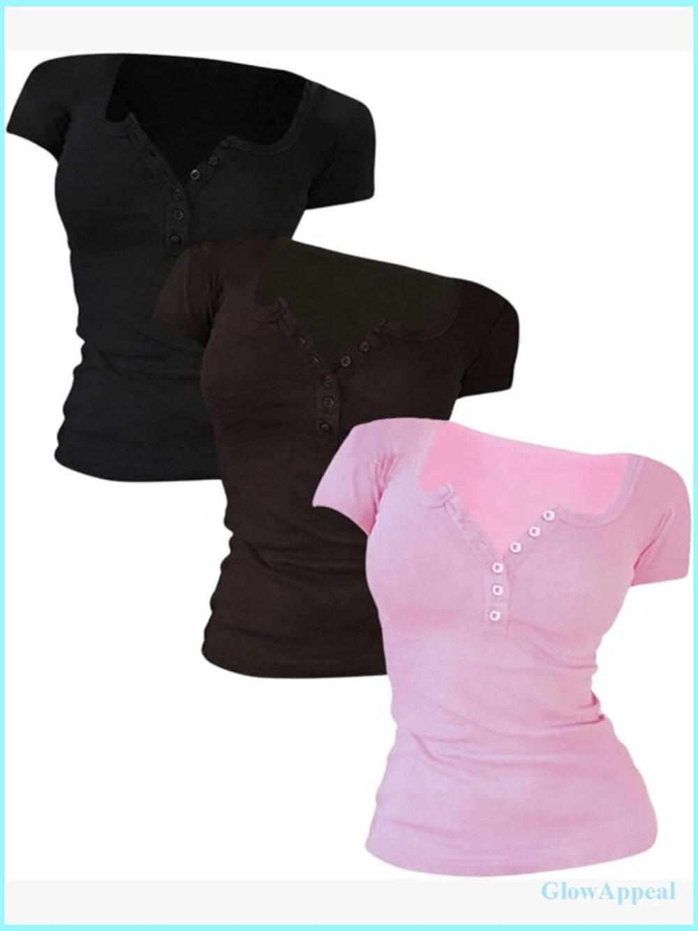 3 Pack Ribbed Knit Henley Shirt Sets V Neck Half Button Short Sleeve Tops